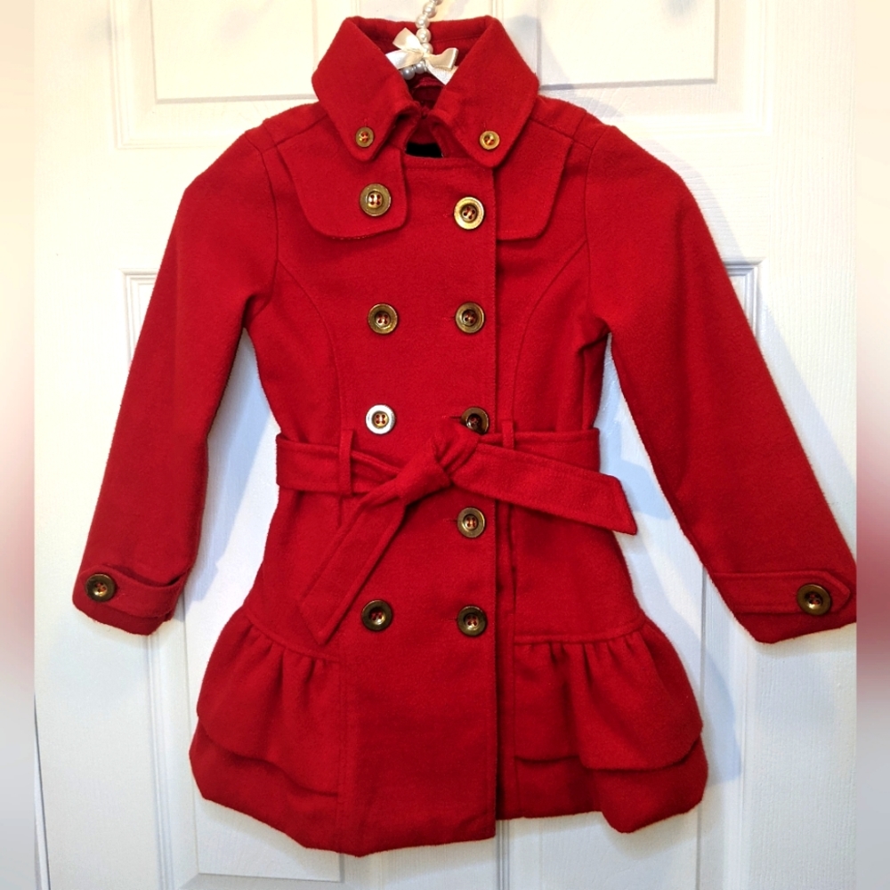 Me Jane Kids Girls Size 5 Beautiful Red Wool Pea Coat - Picture 1 of 5
